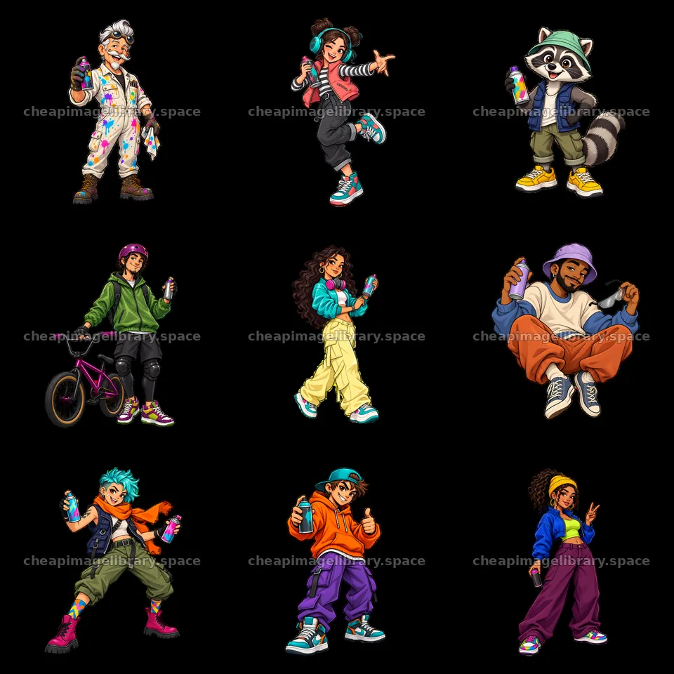 Cool graffiti sprayer characters in a 3x3 arrangement – image library 7746x7746