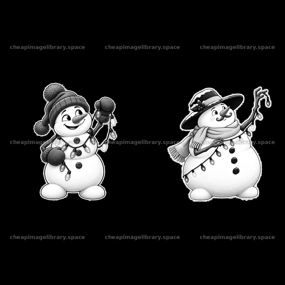 Snowman holding string lights in a cheerful winter scene – image library 7746x7746