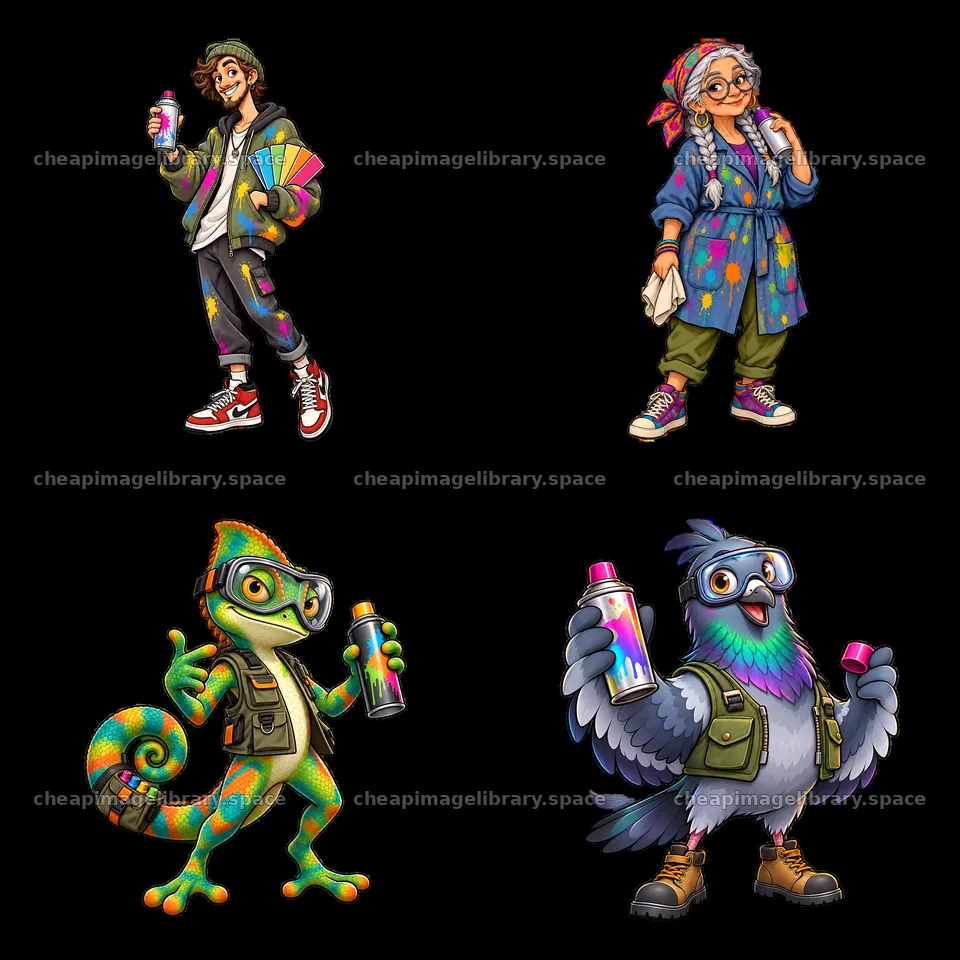 Graffiti artists and a colorful chameleon character sticker – image library 7746x7746