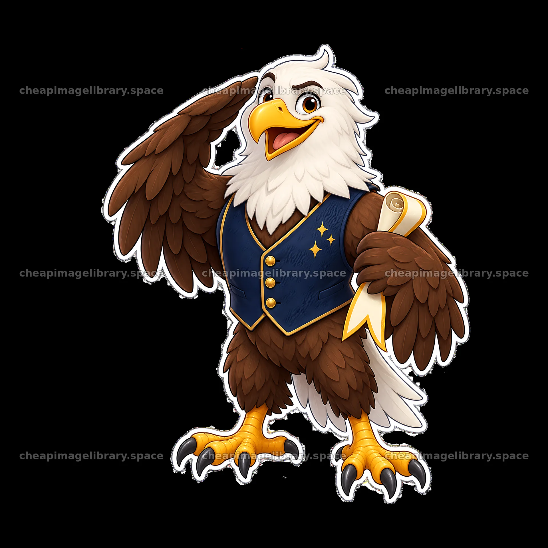 Eagle mascot in a blue vest holding a scroll and saluting – image library 7746x7746