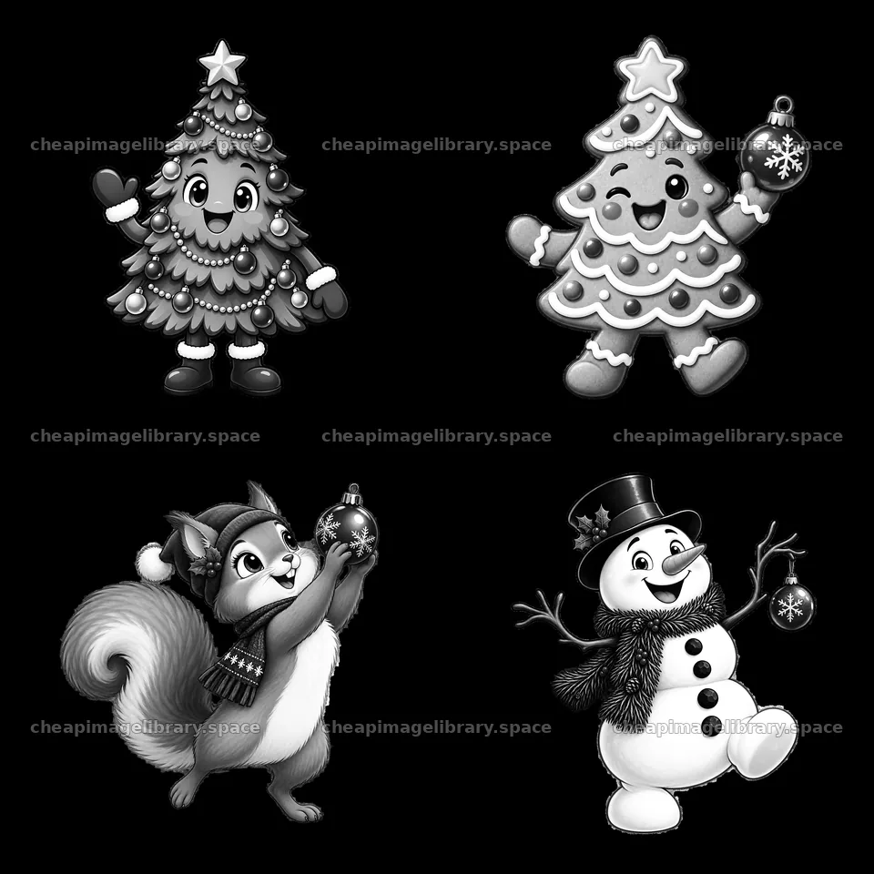 Cartoon Christmas tree characters with decorations and a snowman – image library 7746x7746