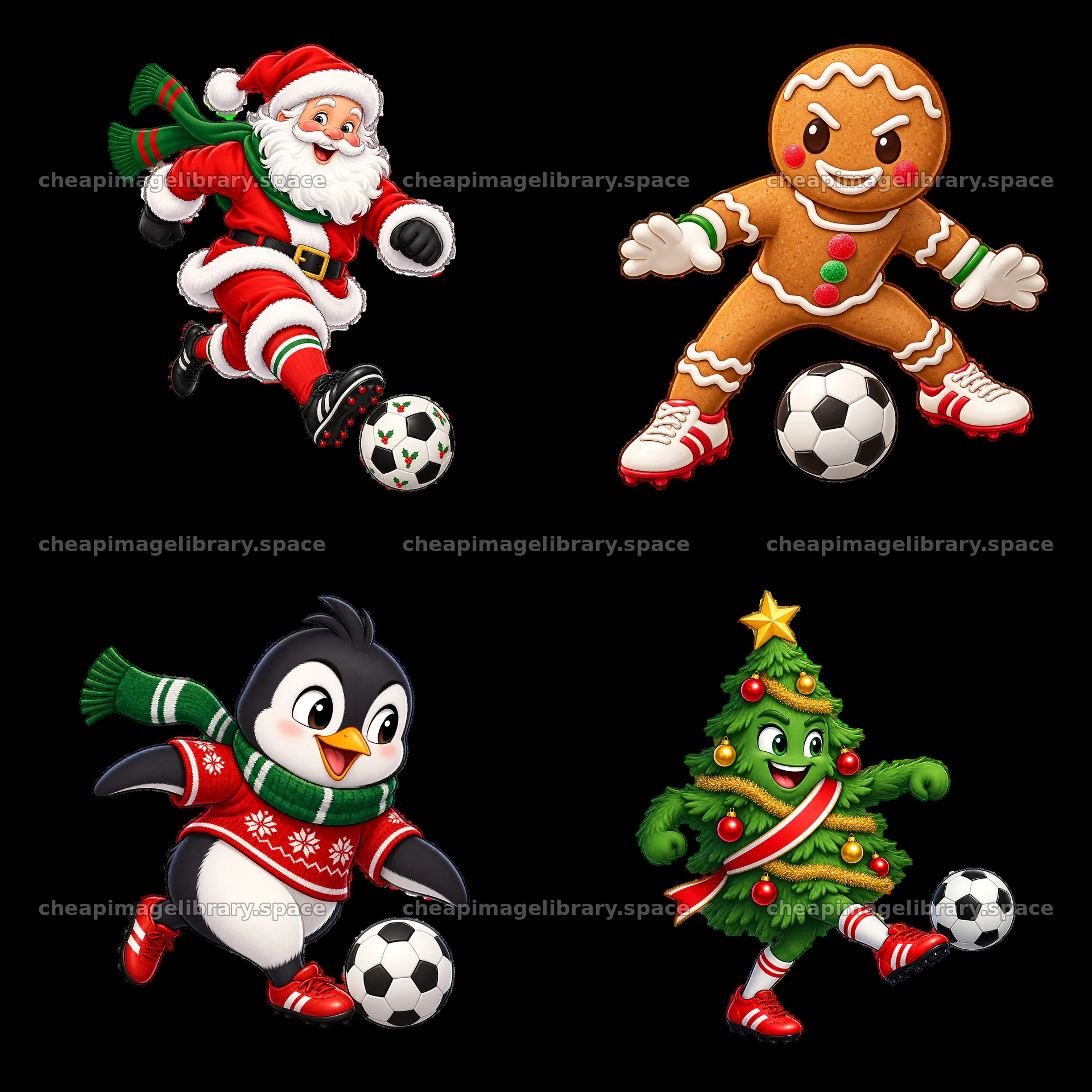 Santa, gingerbread man, penguin, and Christmas tree playing soccer – image library 7746x7746