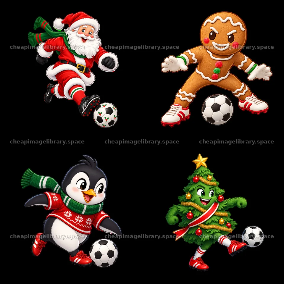 Santa, gingerbread man, penguin, and Christmas tree playing soccer – image library 7746x7746