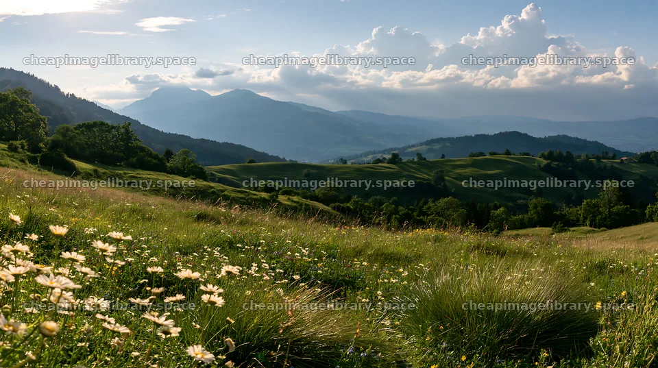 Clover speedwell meadow with hills and clouds in the background – image library 10608x5938