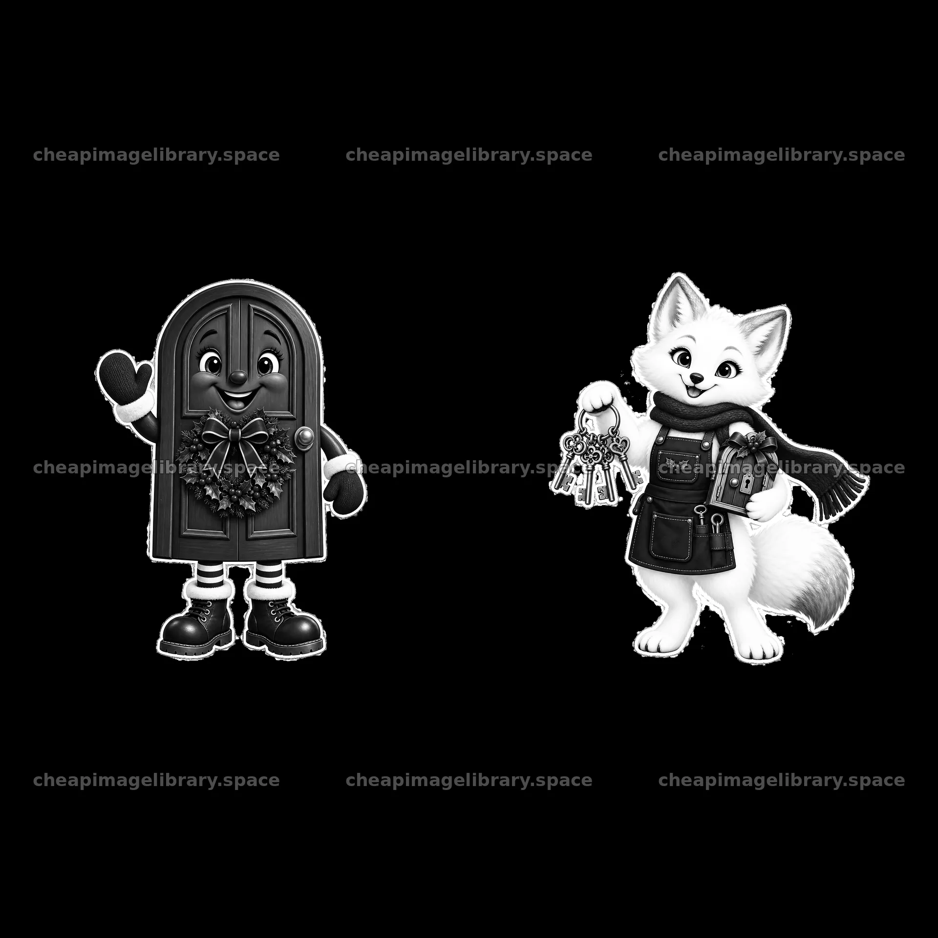 Christmas door character waving with a fox holding keys – image library 7746x7746