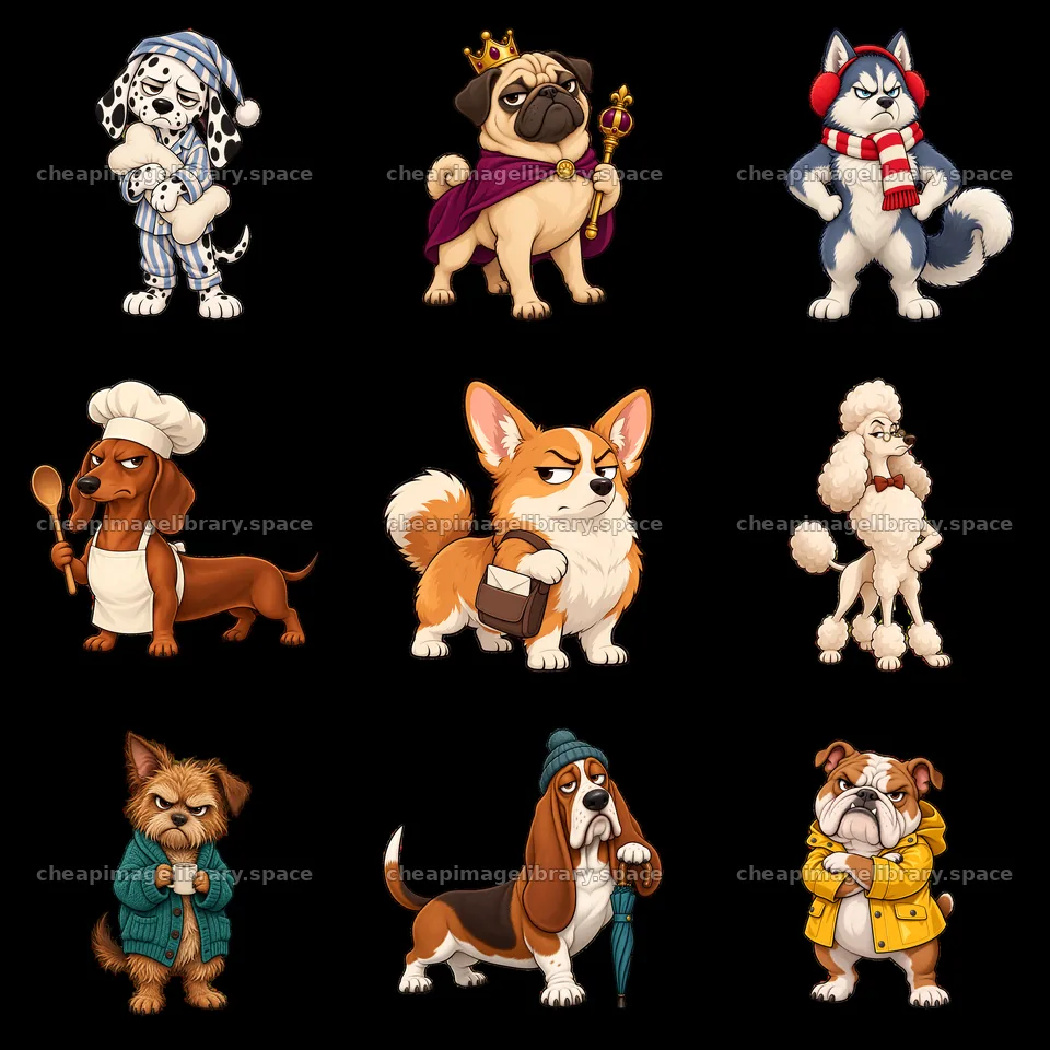 Grumpy dog characters in various costumes and poses arranged in a – image library 7746x7746