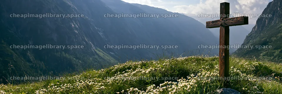 Wooden Christian cross in mountain meadow with flowers – image library 13690x4602
