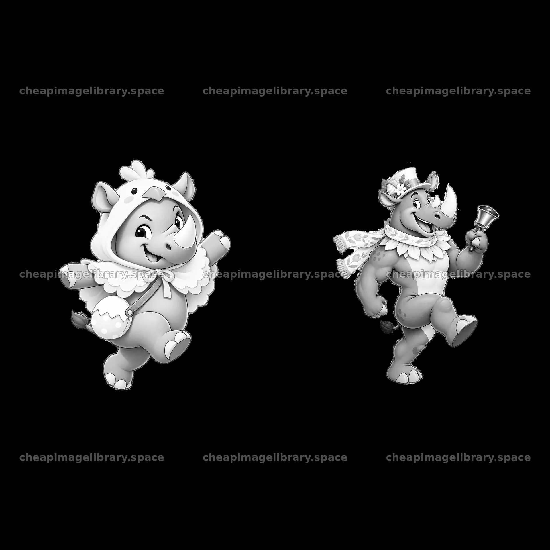 Easter rhinoceros characters celebrating with costumes and a bell – image library 7746x7746