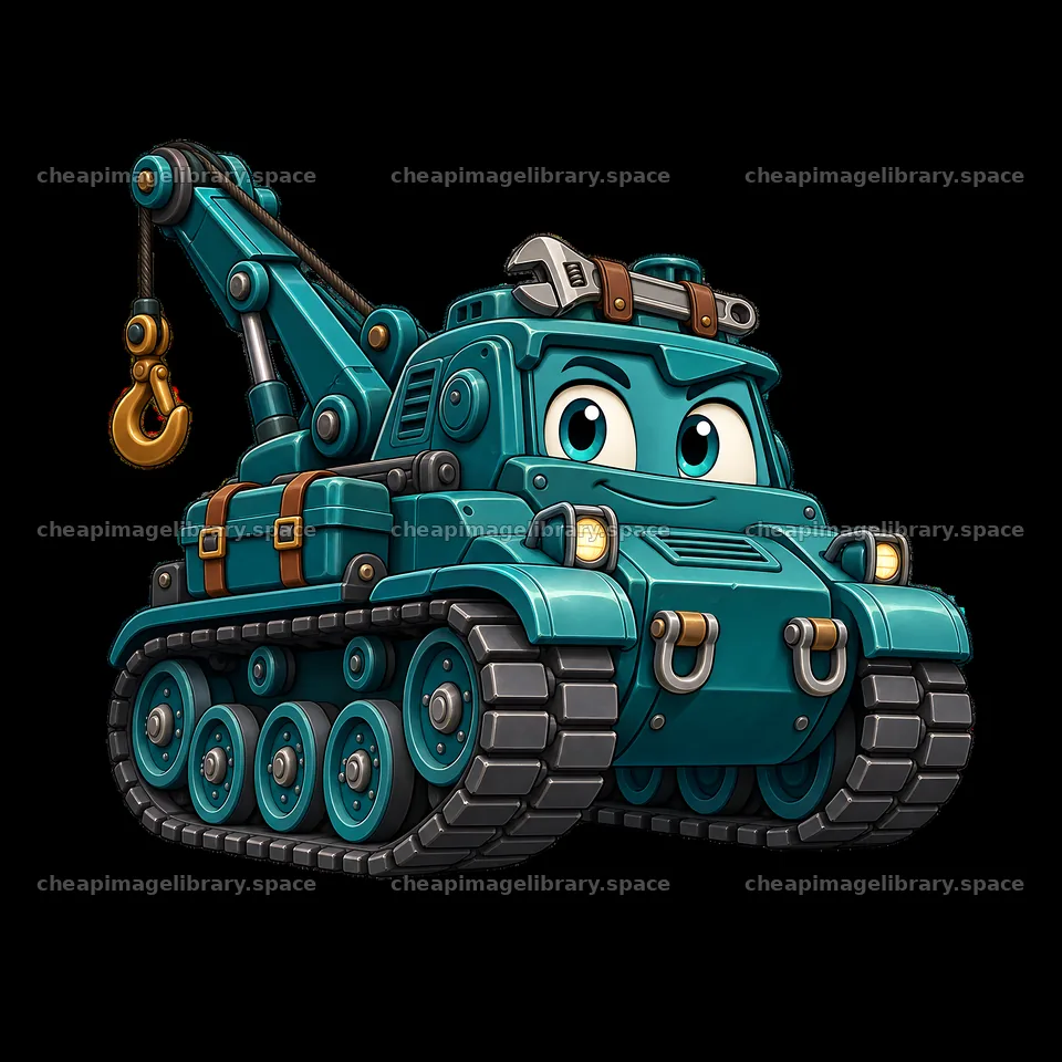 Cartoon tank character with crane arm and friendly expression – image library 7746x7746
