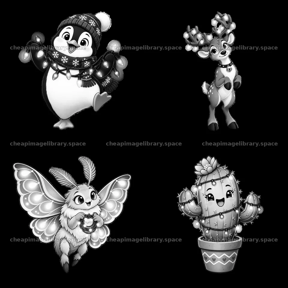 Cartoon characters with string lights and holiday themes – image library 7746x7746