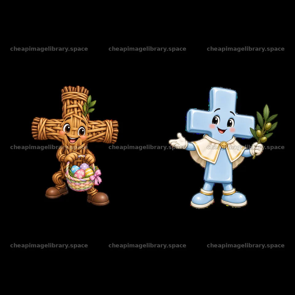 Easter cross characters with basket of eggs and olive branch – image library 7746x7746
