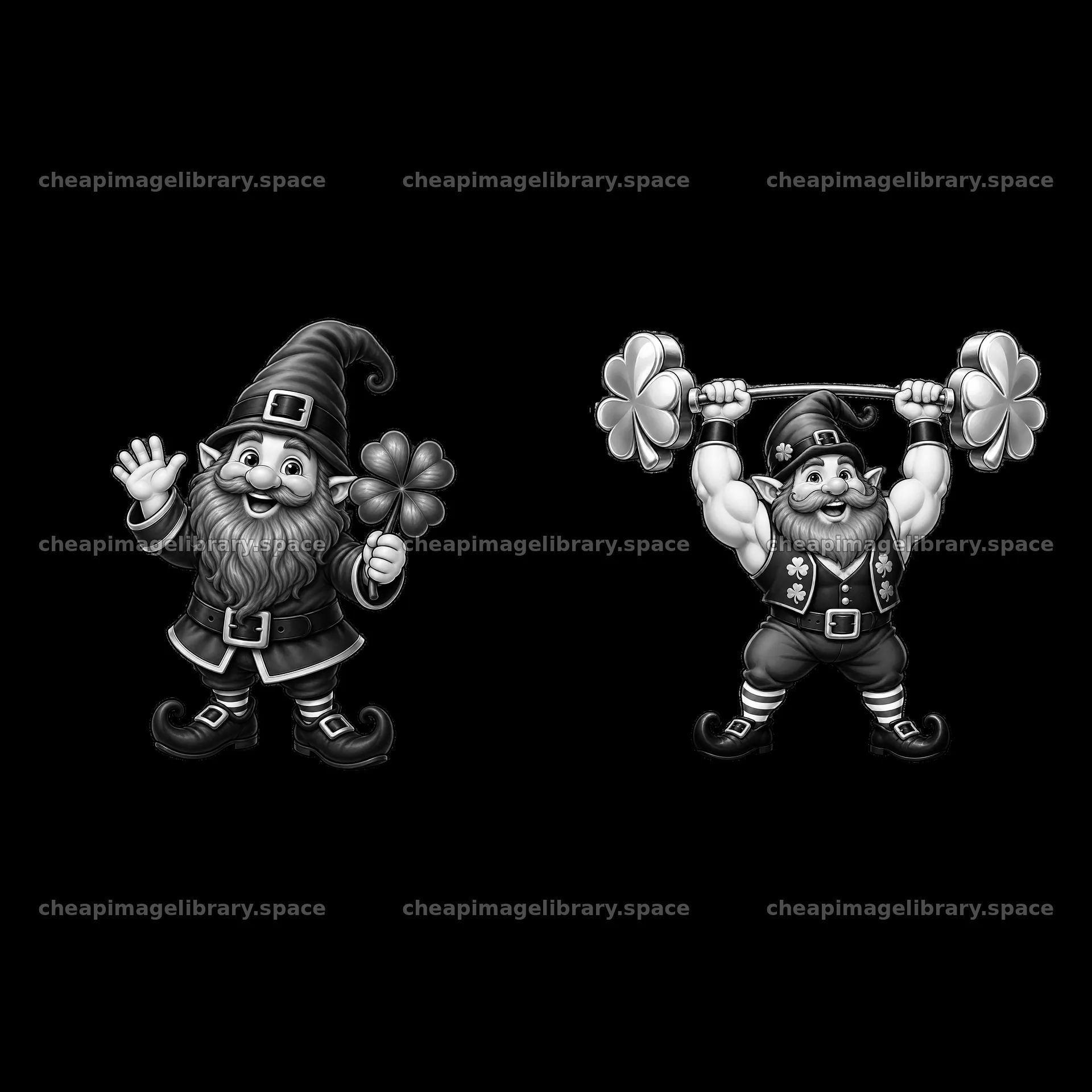 St. Patrick's Day gnomes with shamrock and weights in black and – image library 7746x7746