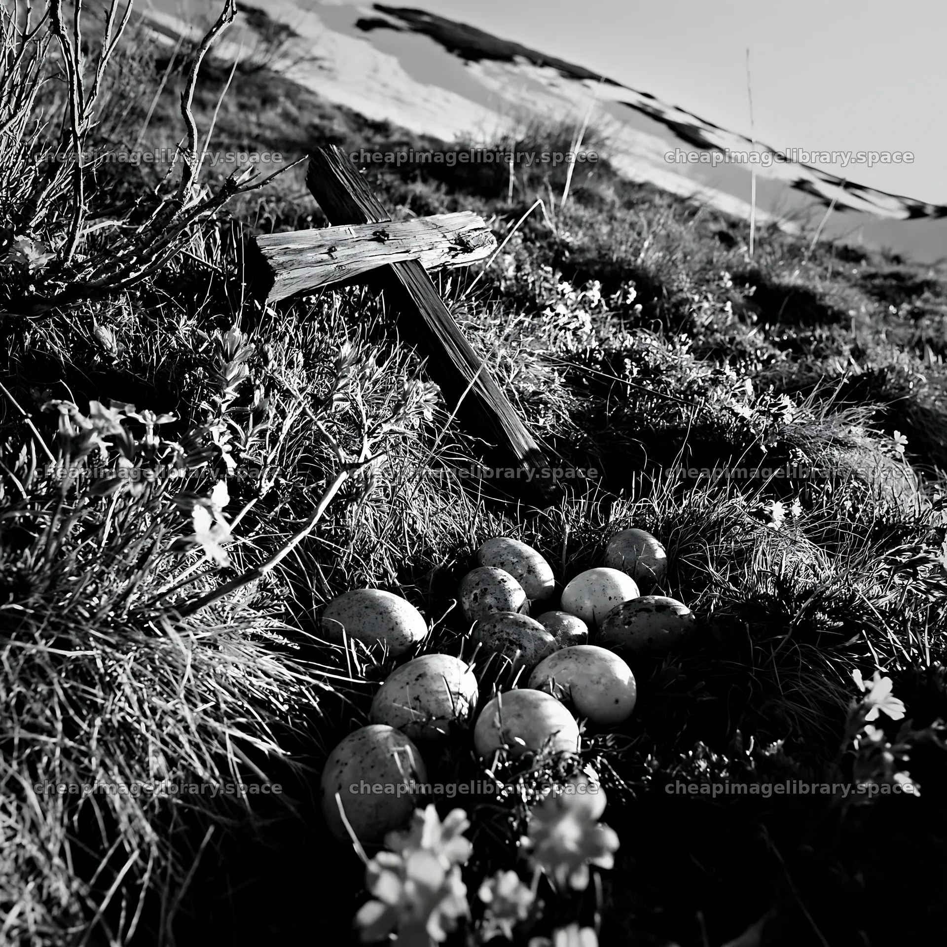 Weathered Christian cross in snowy meadow with eggs nearby – image library 7938x7938