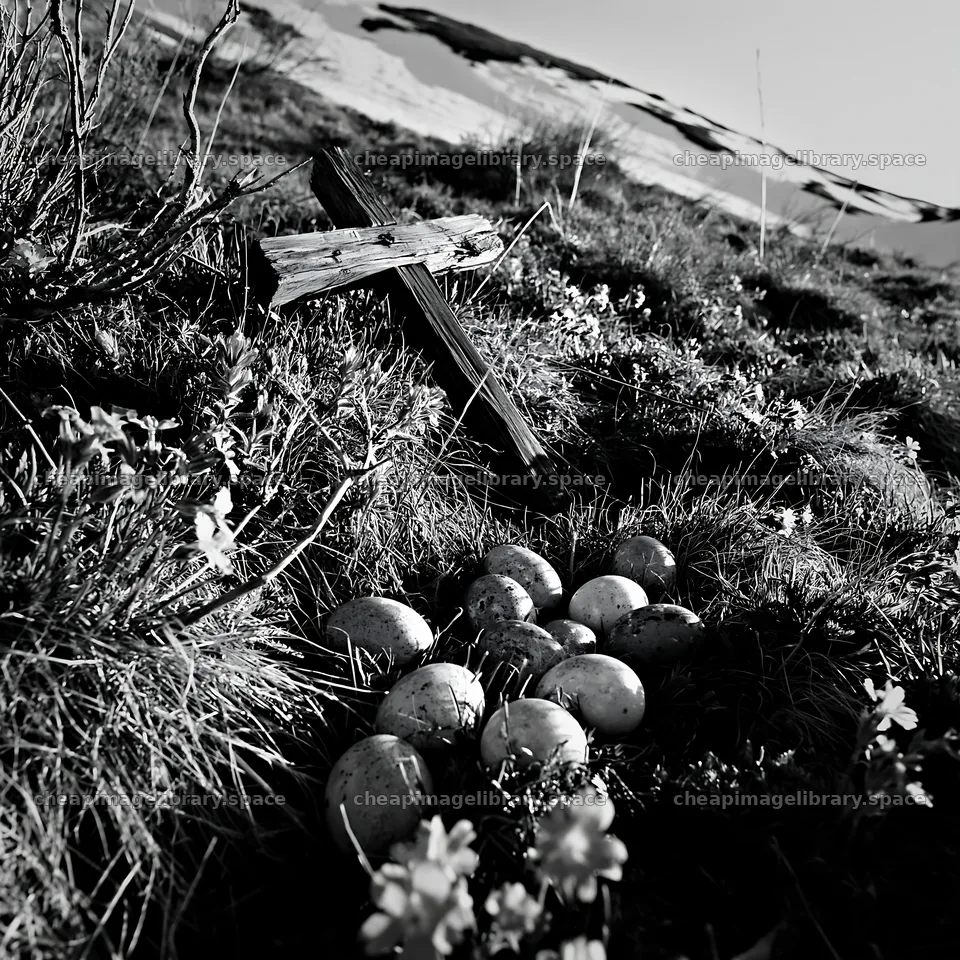 Weathered Christian cross in snowy meadow with eggs nearby – image library 7938x7938
