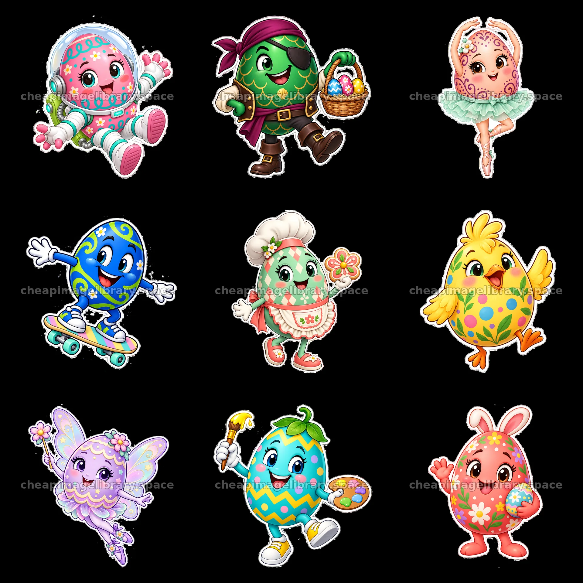 Colorful cartoon Easter egg characters in a 3x3 layout – image library 7746x7746