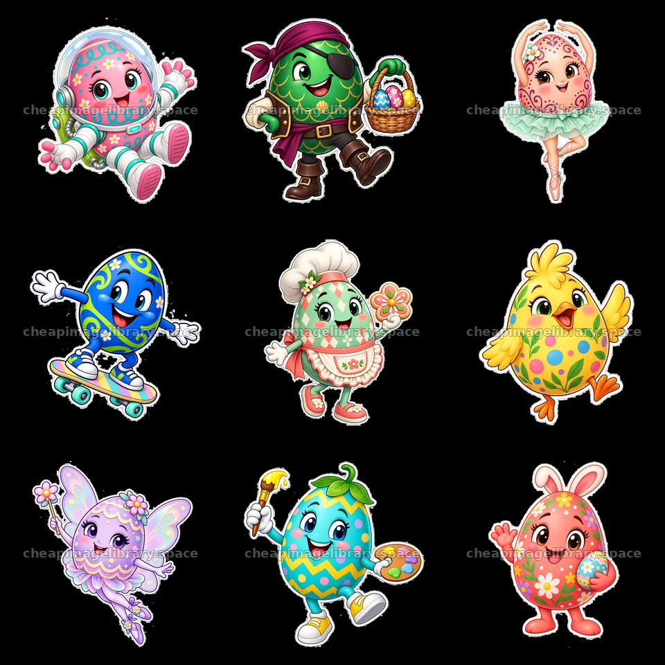 Colorful cartoon Easter egg characters in a 3x3 layout – image library 7746x7746