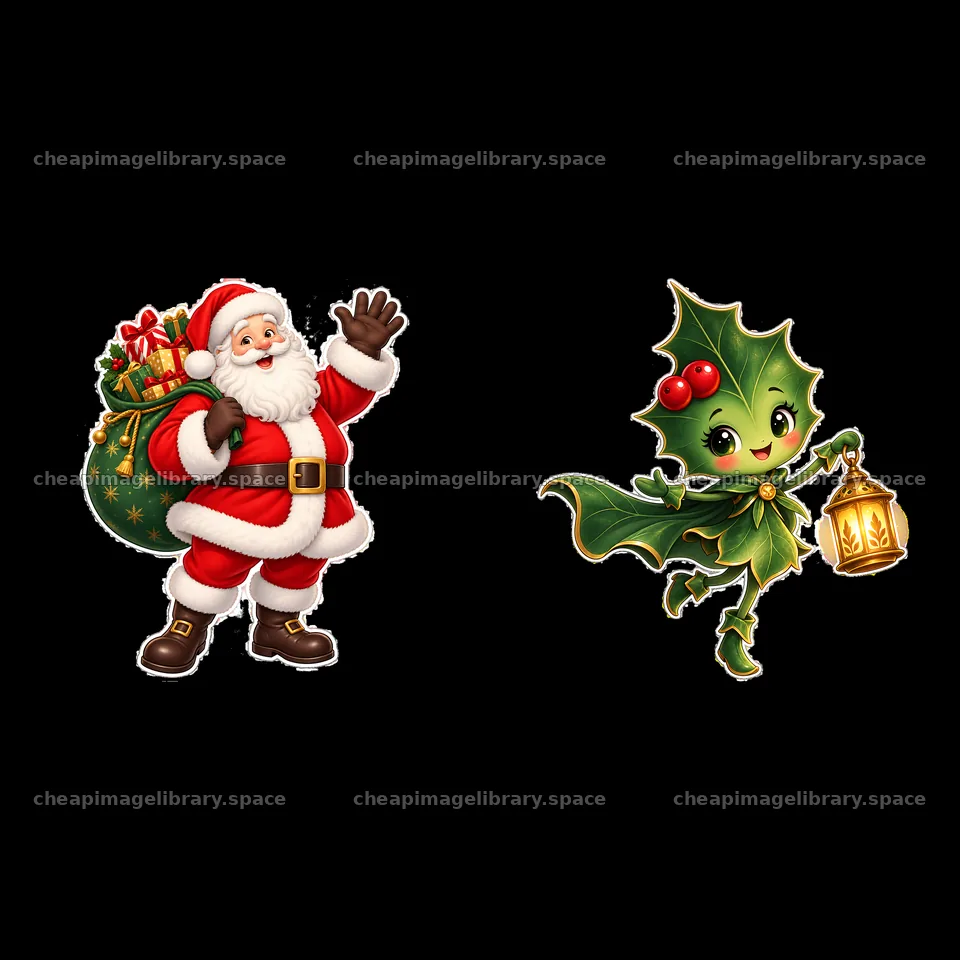 Santa Claus and a cheerful holly girl with a lantern – image library 7746x7746