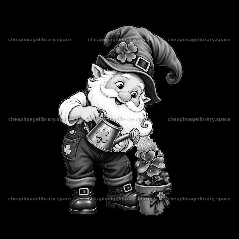 St. Patrick's Day gnome watering a clover plant in a pot – image library 7746x7746