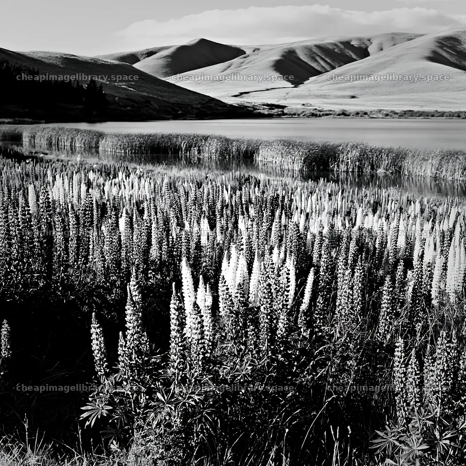 Lupine meadow by Lake Tekapo in black and white – image library 7938x7938