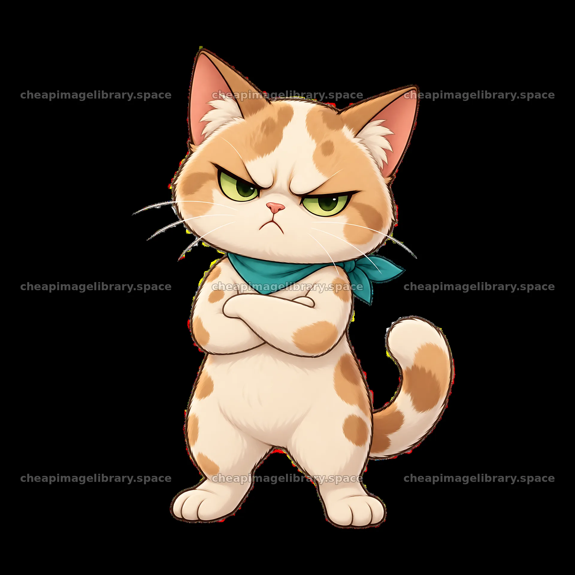 Kawaii grumpy cat with green eyes and a blue bandana – image library 7746x7746