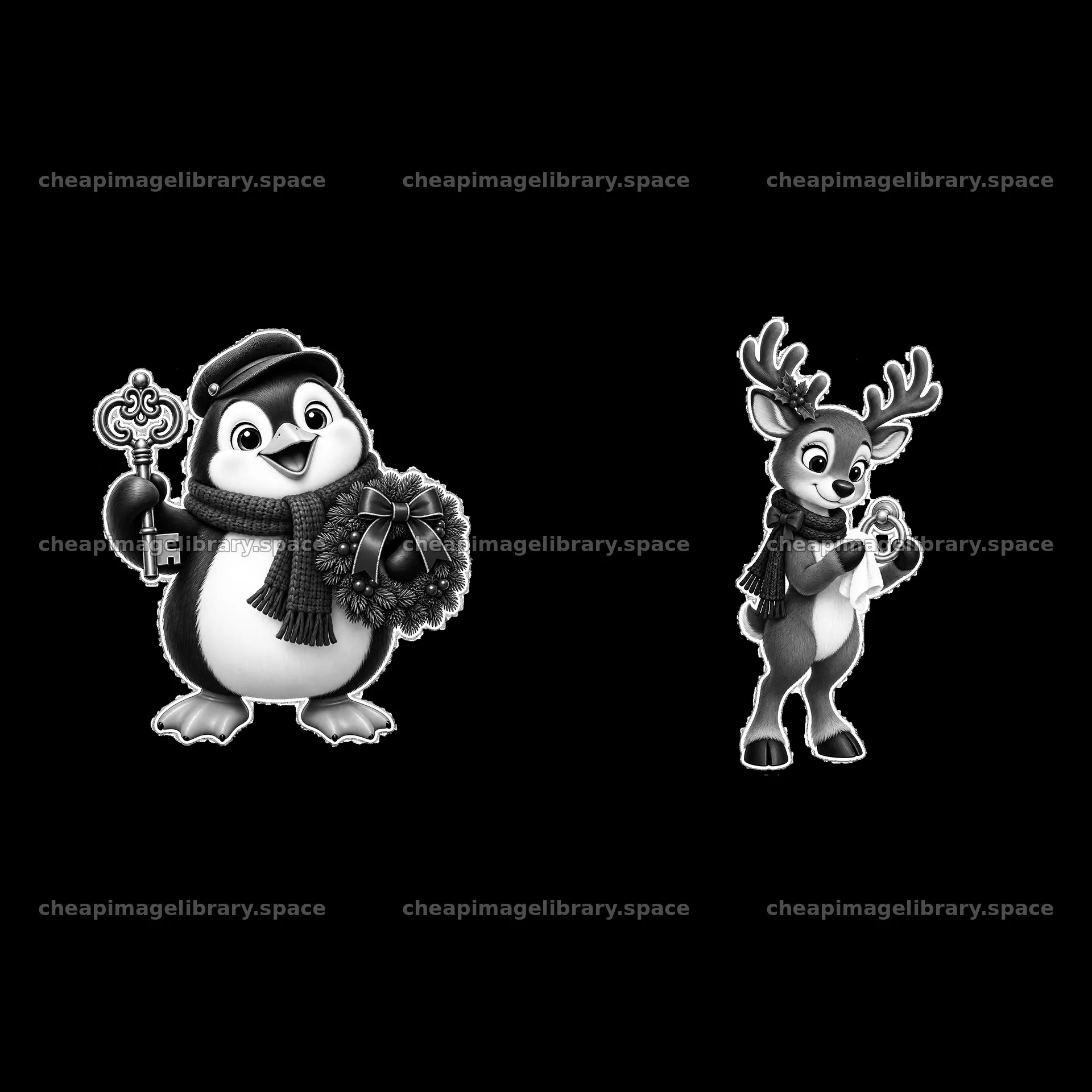 Penguin holding a wreath and reindeer with a candy cane – image library 7746x7746