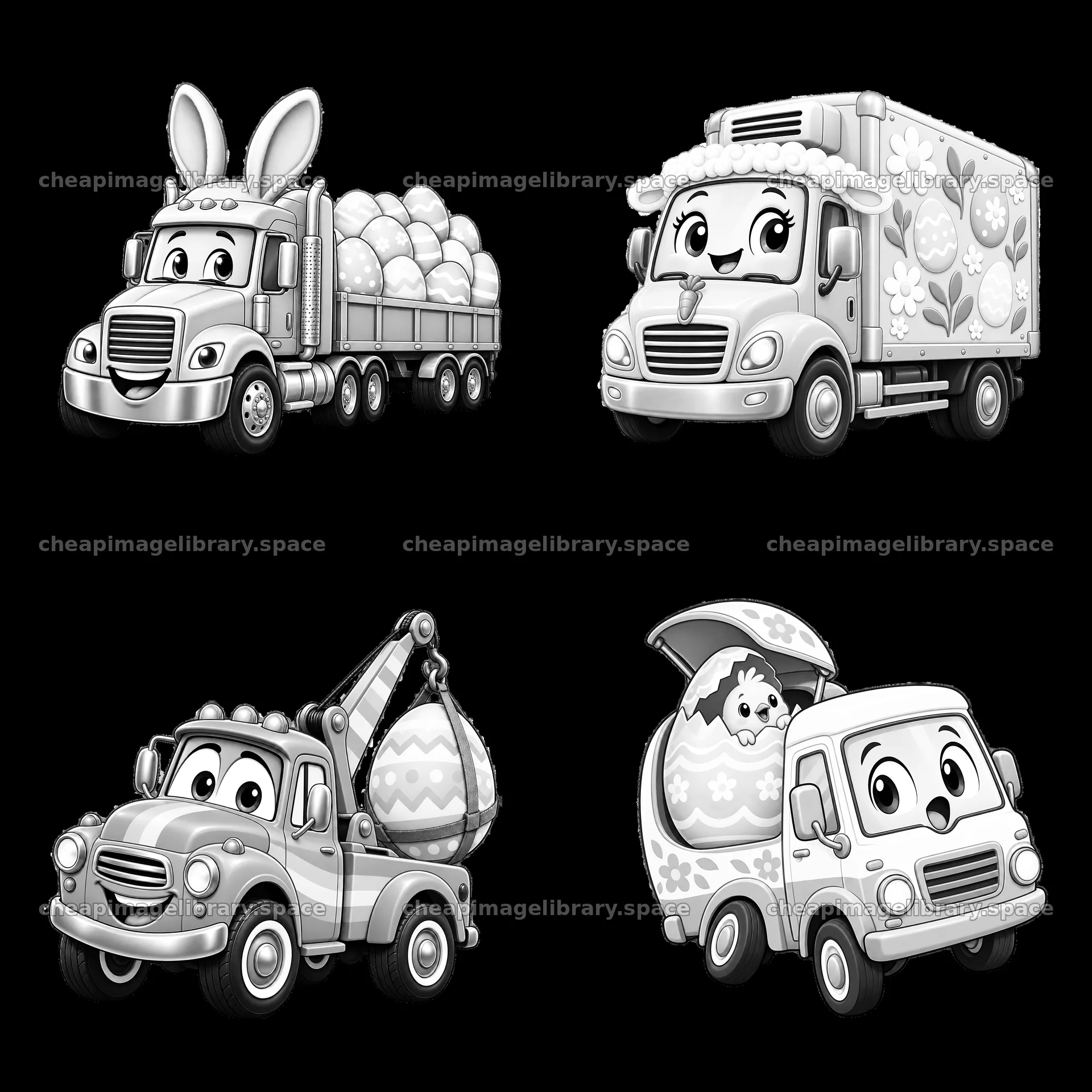 Easter truck carrying eggs and bunnies in monochrome illustration – image library 7746x7746