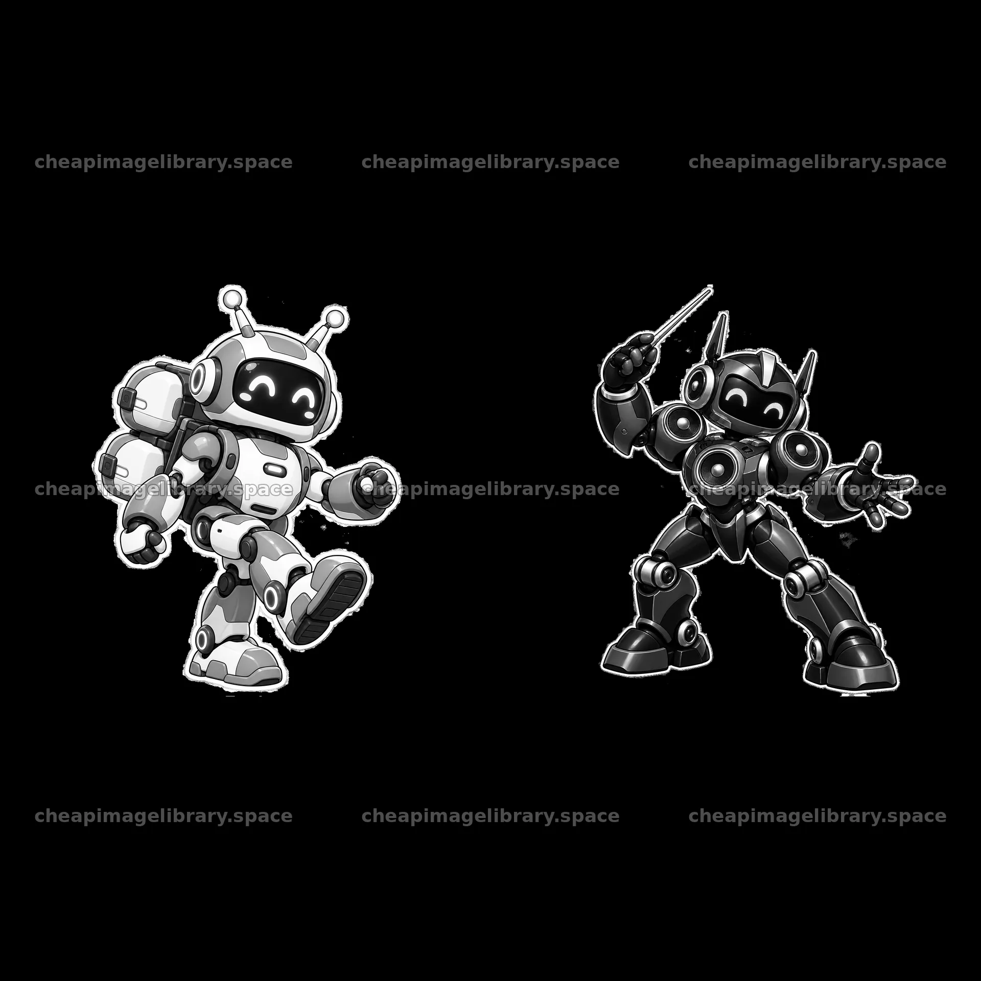 Cute mech robots dancing and posing in black and white – image library 7746x7746