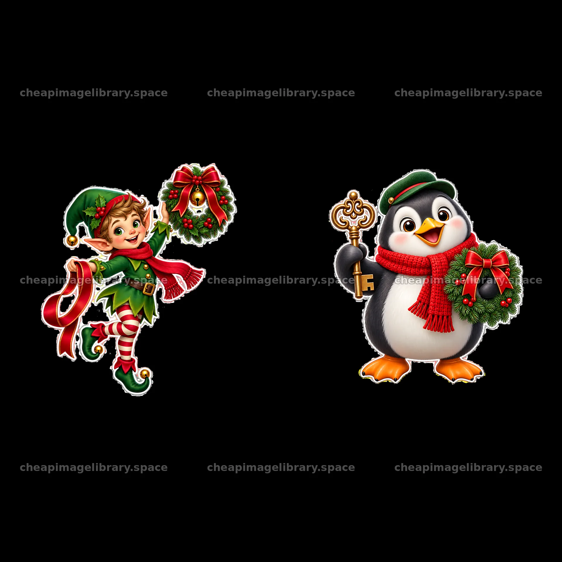 Elfin character and penguin with Christmas wreaths – image library 7746x7746
