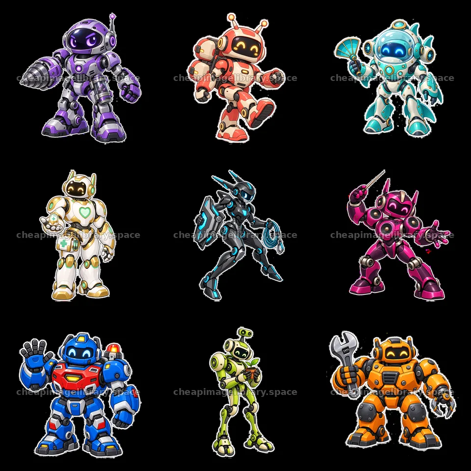 Nine colorful mech robot stickers in a 3x3 grid layout – image library 7746x7746