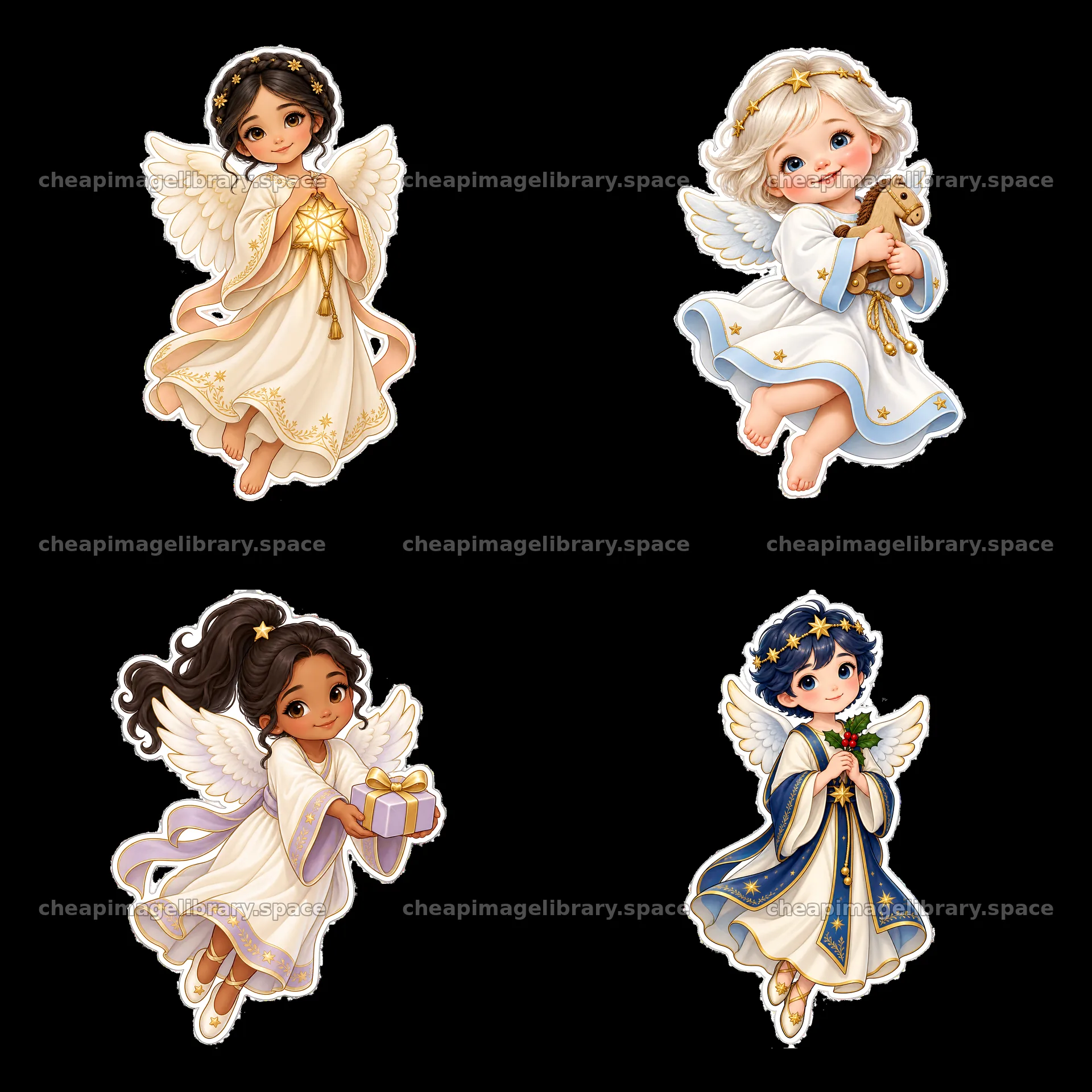 Christ child figures in festive poses with gifts and toys – image library 7746x7746