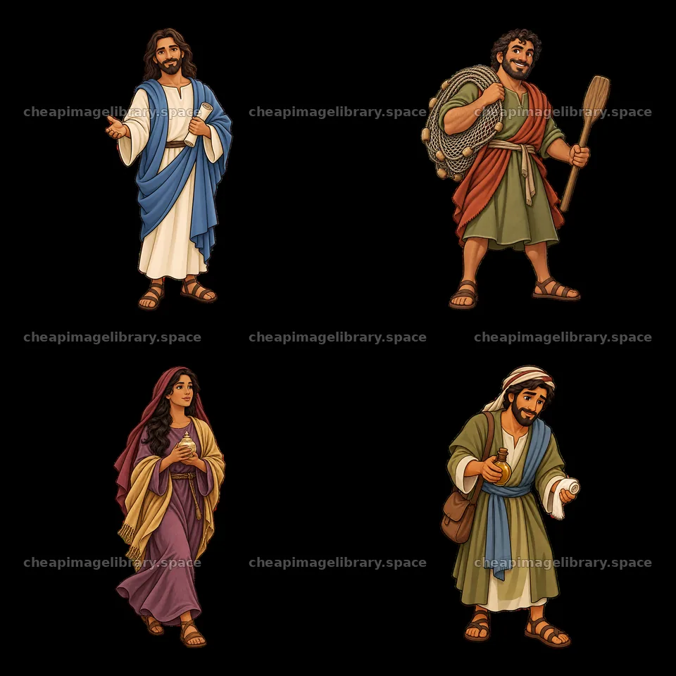 Jesus and biblical figures in a cartoon sticker illustration – image library 7746x7746