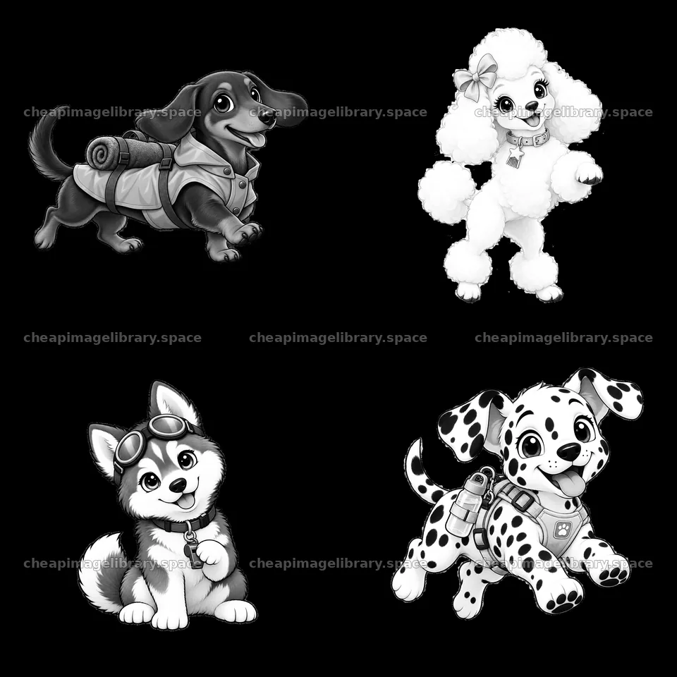 K-9 cartoon dog stickers in playful poses and unique outfits – image library 7746x7746