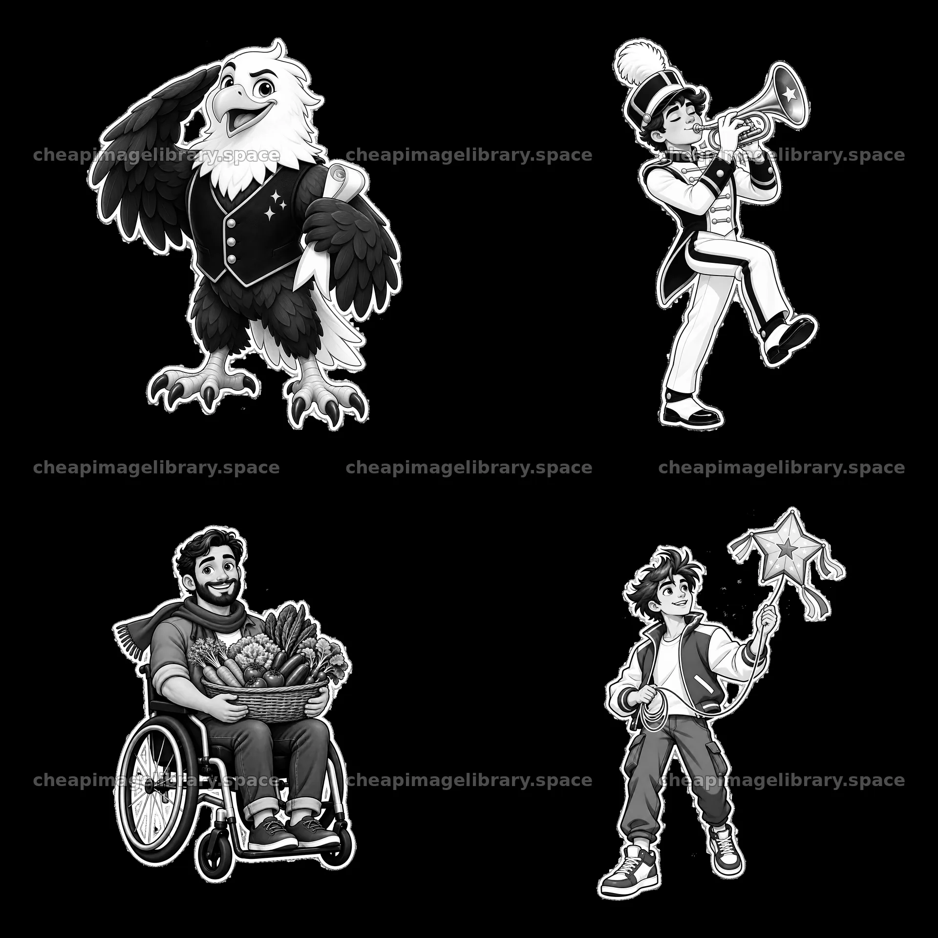 Patriotic cartoon characters in black-and-white illustration – image library 7746x7746