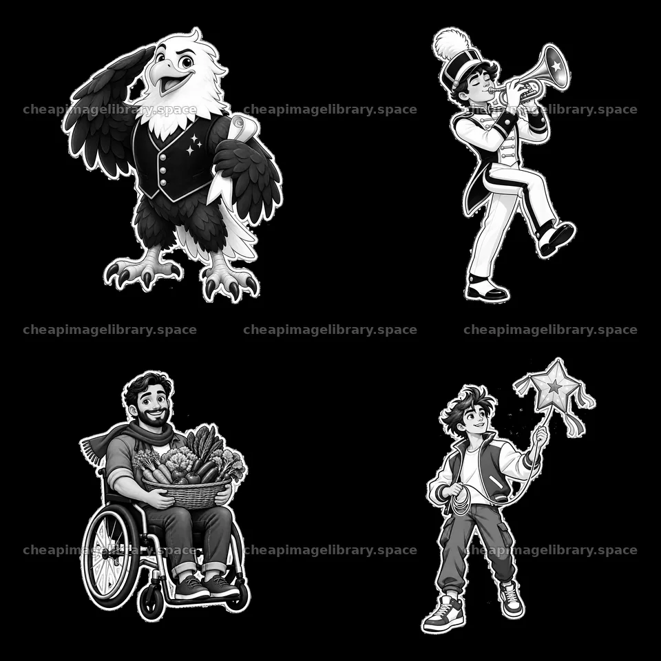 Patriotic cartoon characters in black-and-white illustration – image library 7746x7746