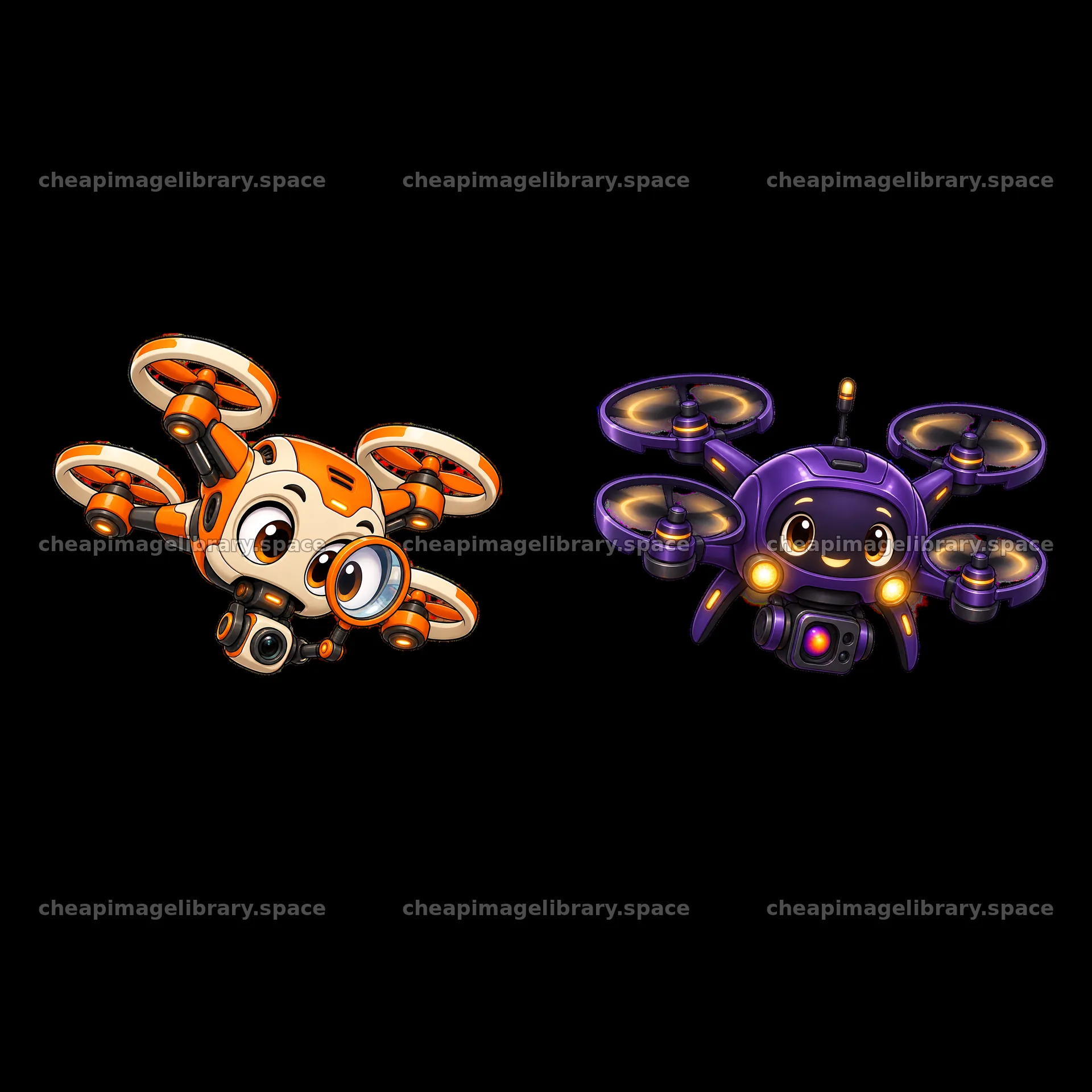 Cartoon drones with cute characters holding magnifying glasses – image library 7746x7746