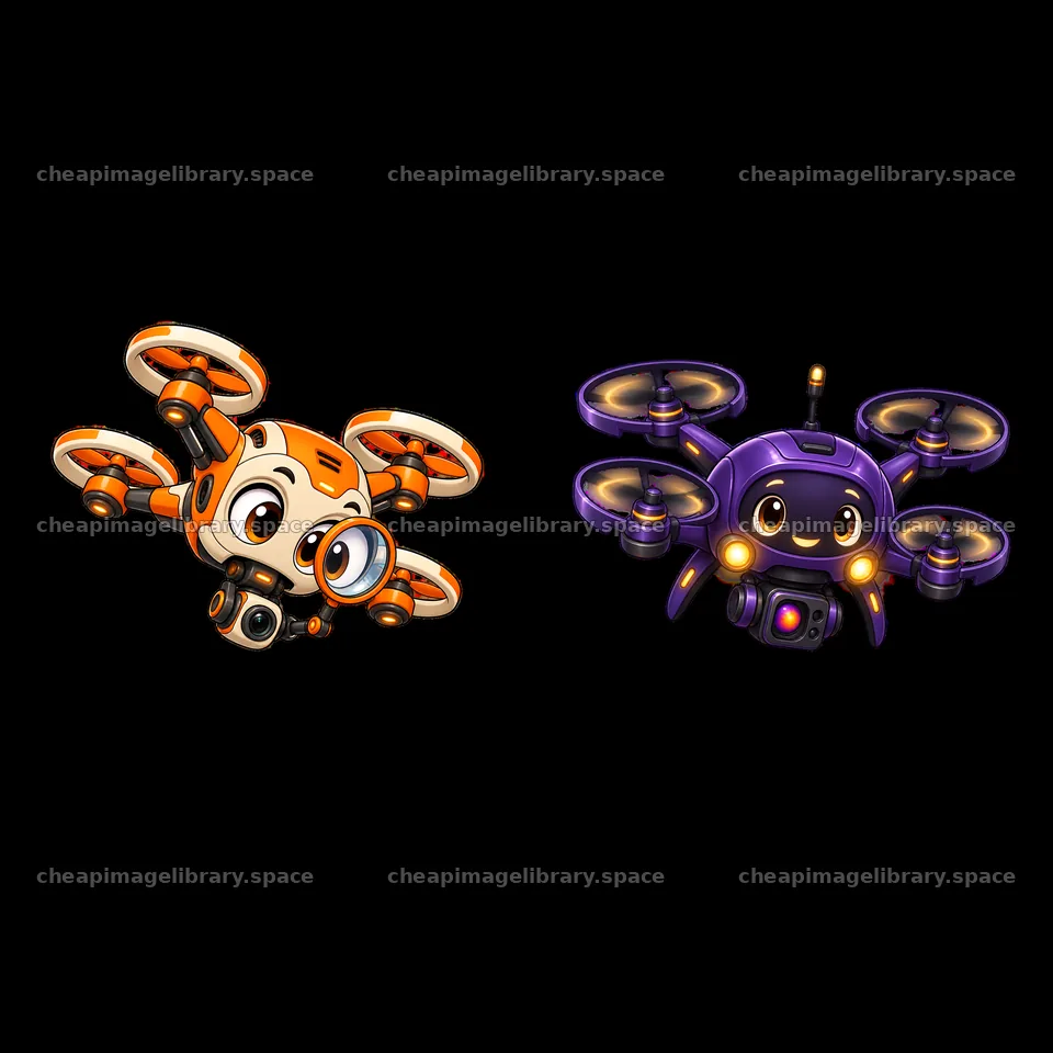 Cartoon drones with cute characters holding magnifying glasses – image library 7746x7746