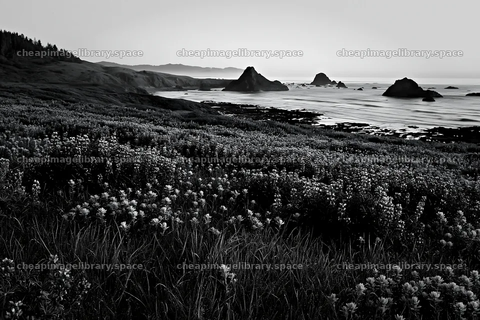Beachside flower meadow with colorful blooms and ocean view – image library 9722x6480