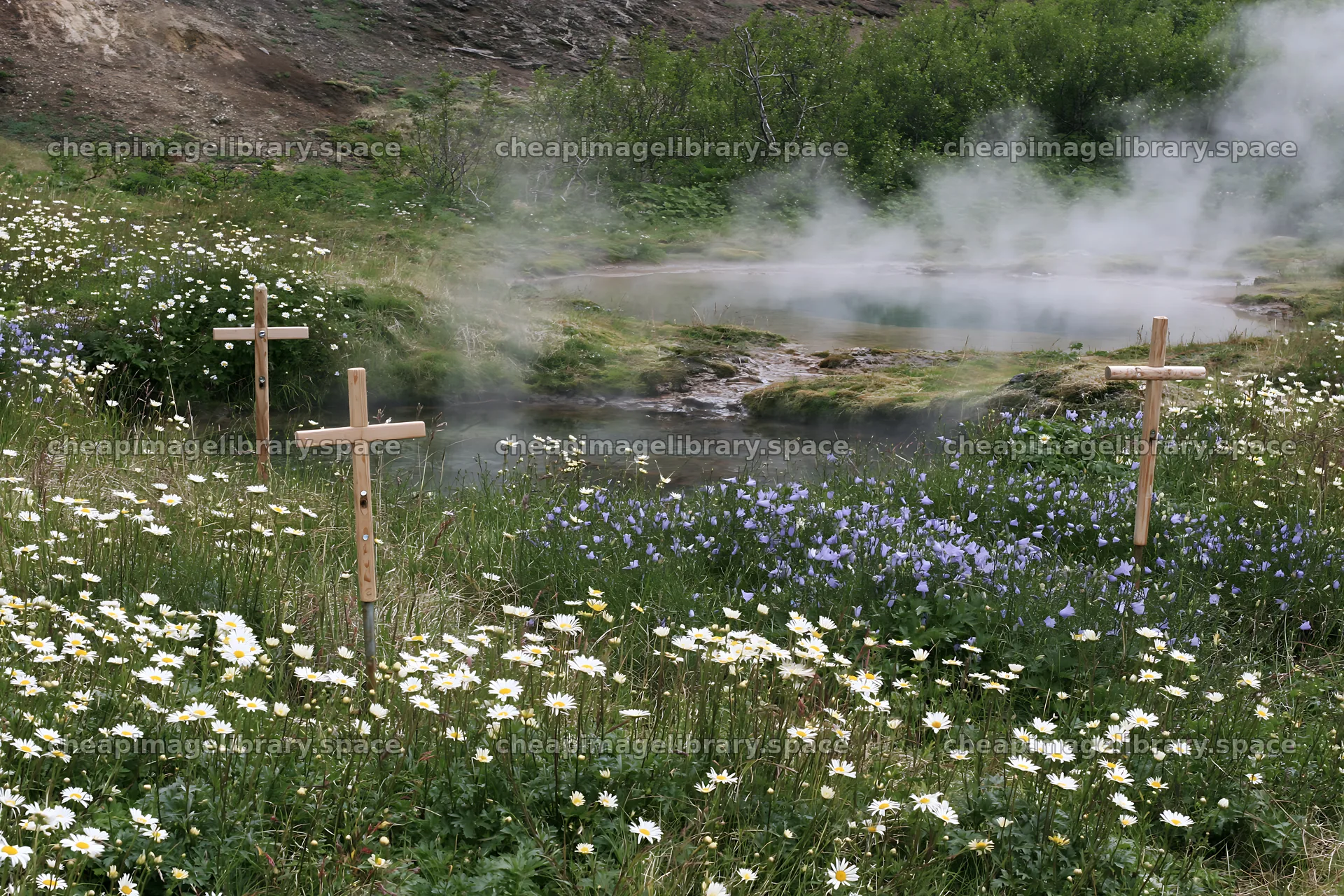 Christian crosses near geothermal spring in flower meadow – image library 9722x6480