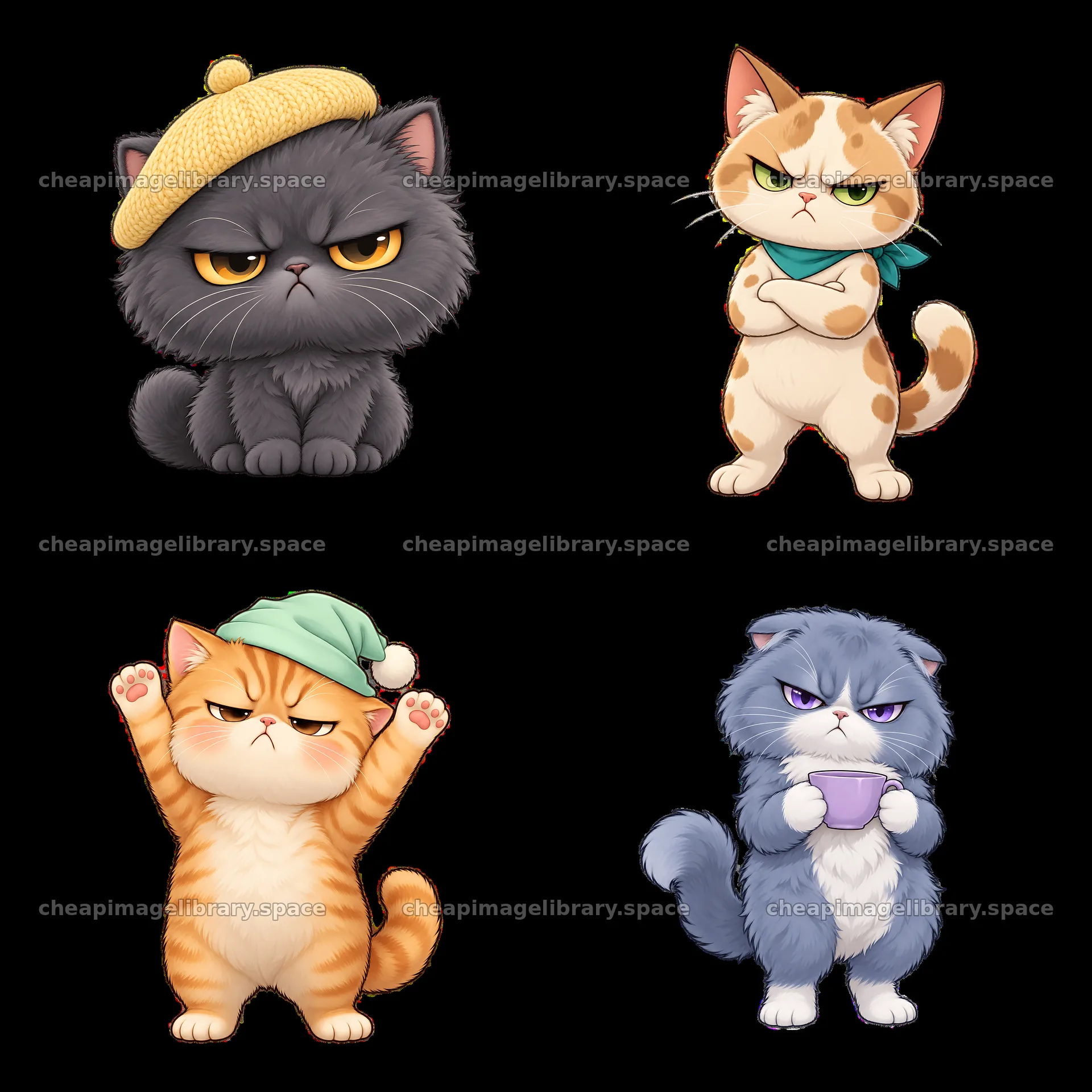 Kawaii grumpy cat sticker set with diverse expressions and colors – image library 7746x7746