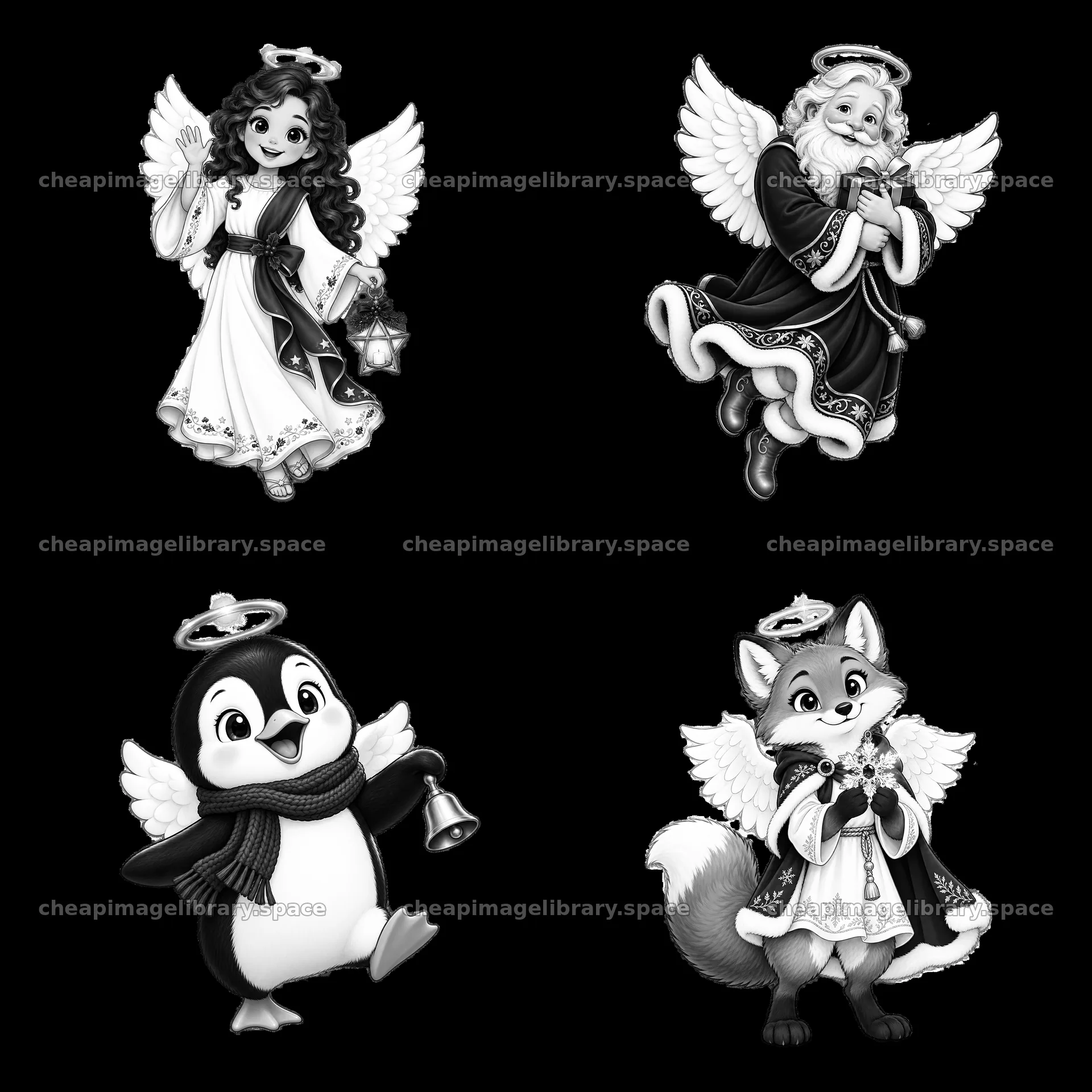 Christmas angel characters with animals in a 2x2 layout – image library 7746x7746