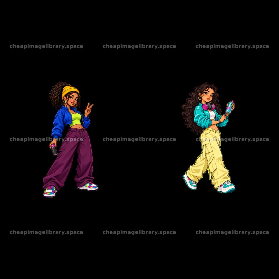 Cool graffiti sprayer characters in colorful outfits and poses – image library 7746x7746