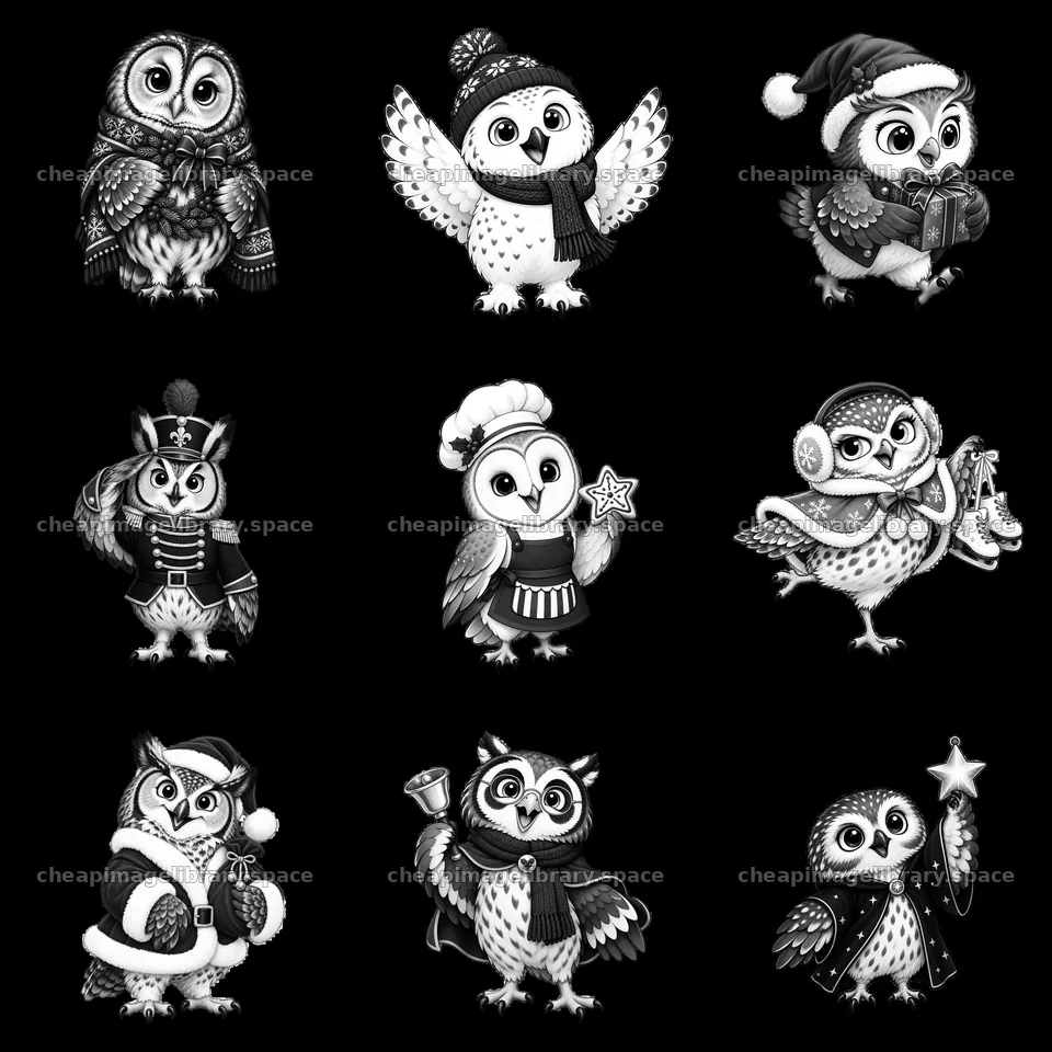 Christmas owls in festive attire and activities arranged in a grid – image library 7746x7746