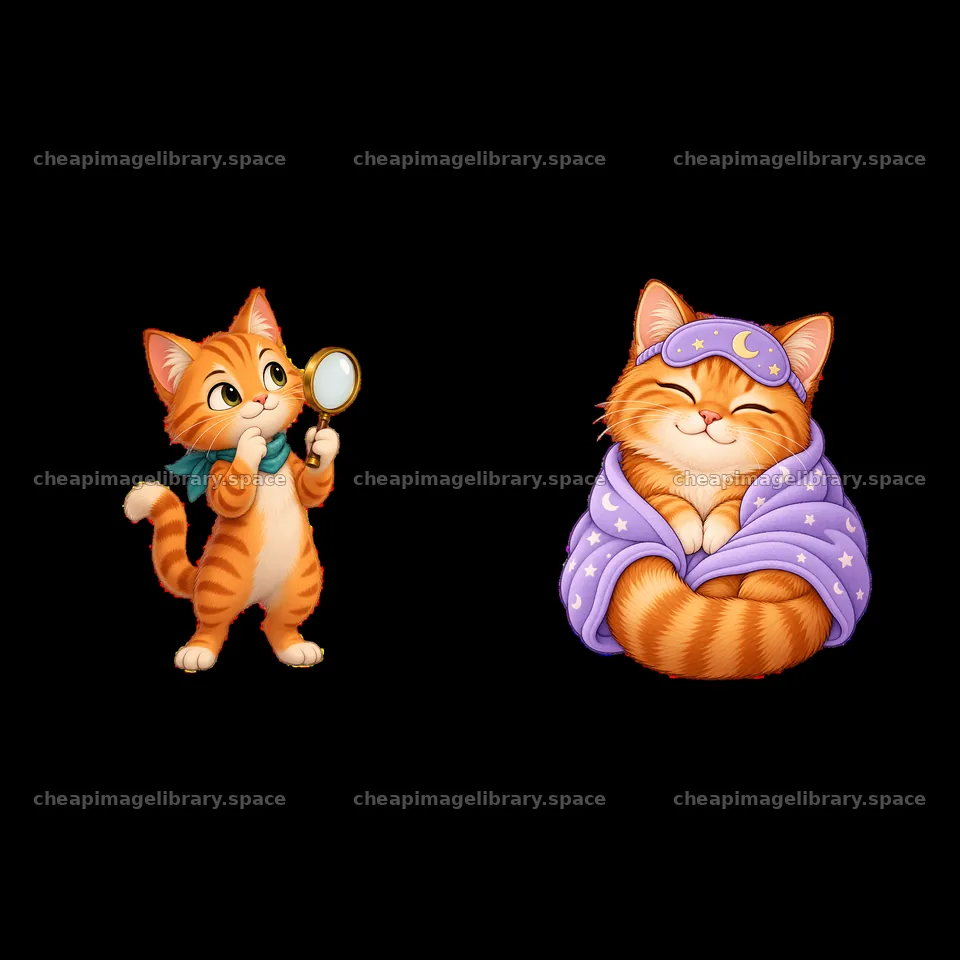 Curious cat with magnifying glass and cozy cat in pajamas – image library 7746x7746