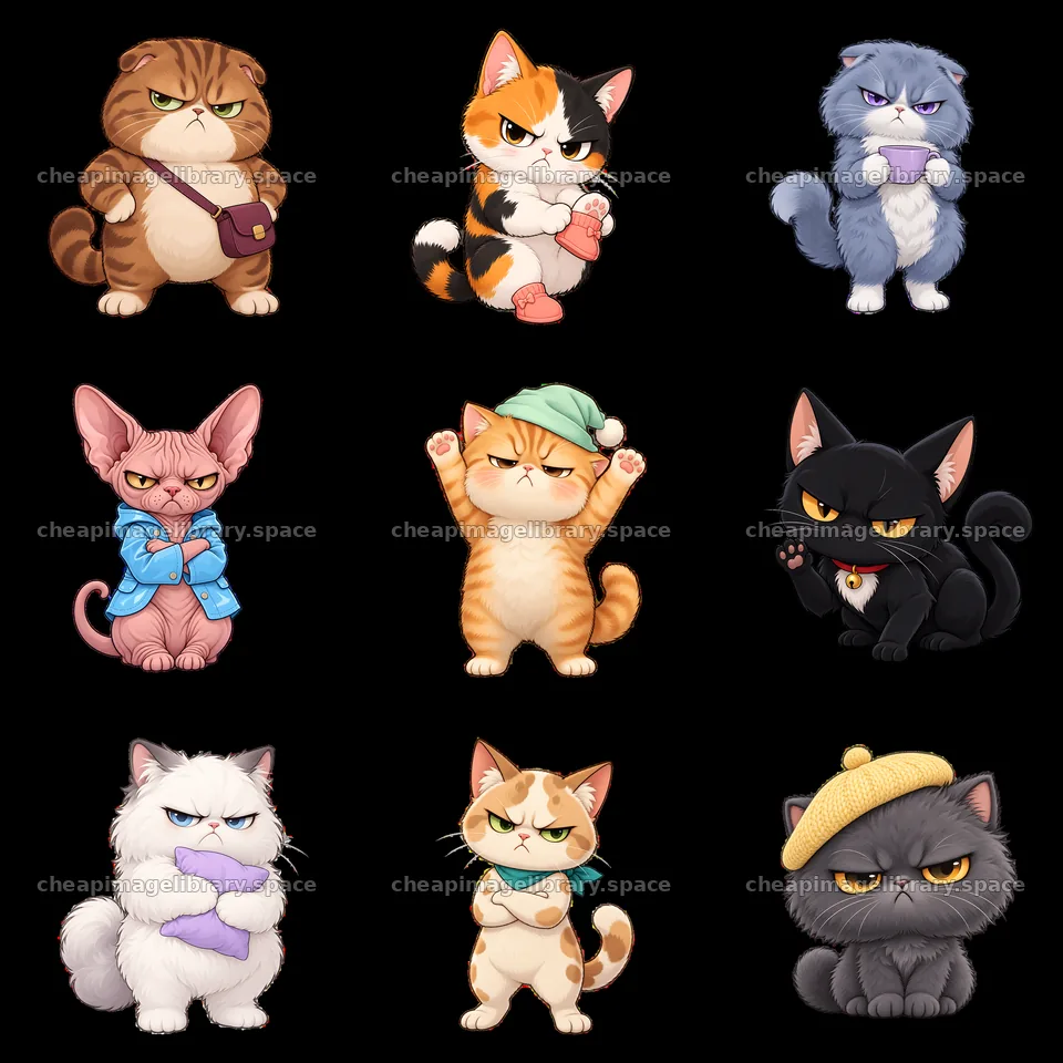 Kawaii grumpy cats in various outfits and expressions in grid layout – image library 7746x7746