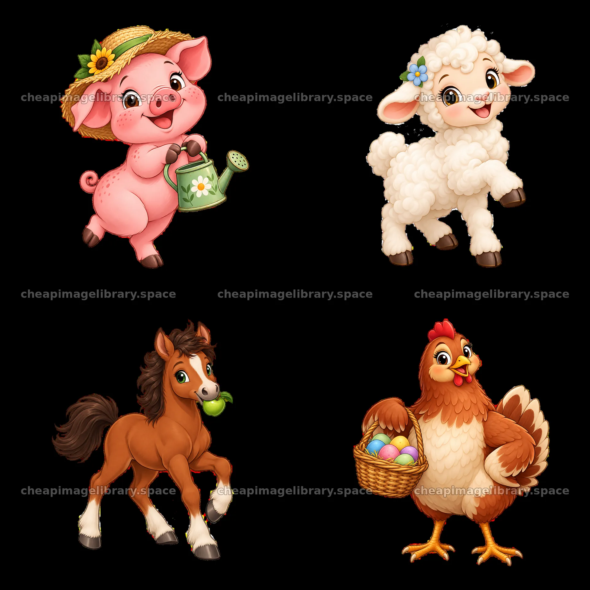 Farm animals in a lively cartoon sticker set with cheerful poses – image library 7746x7746