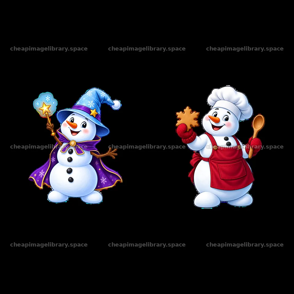 Two cheerful snowmen in festive outfits with accessories – image library 7746x7746