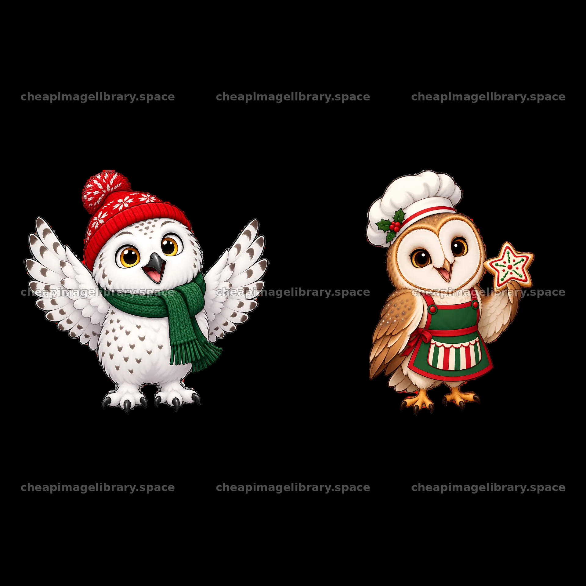 Christmas owls in festive hats and holiday outfits – image library 7746x7746