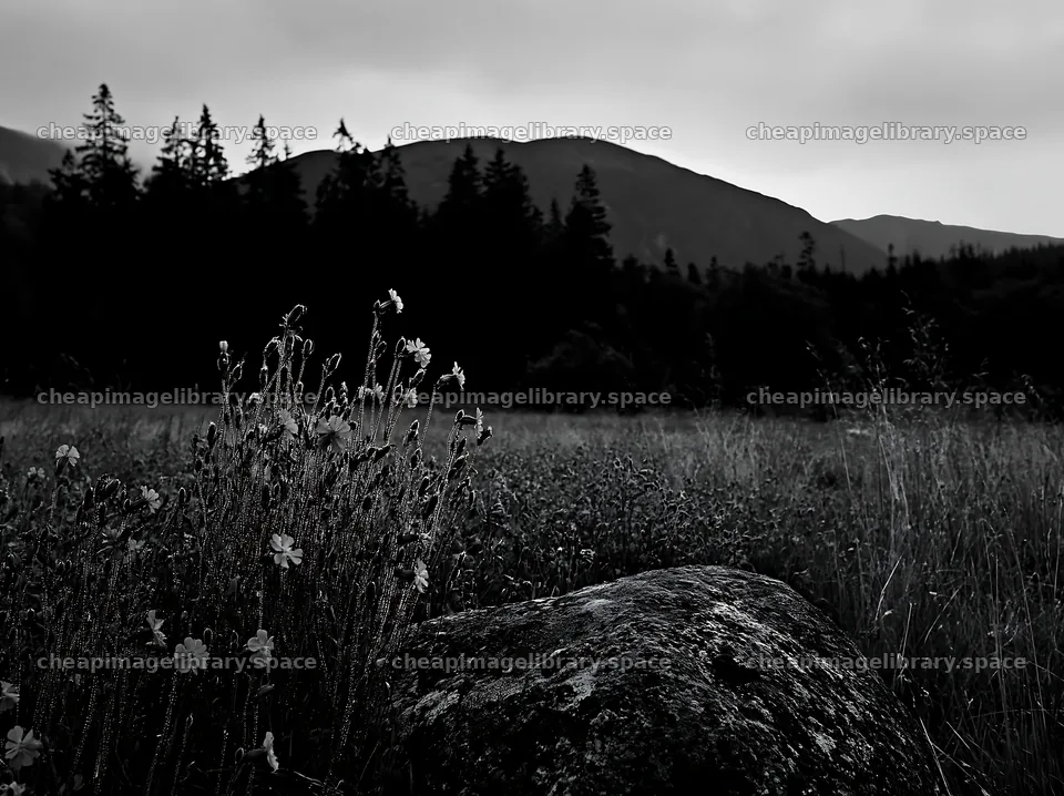 Campion bellflower meadow with rocky foreground and mountain – image library 9174x6866