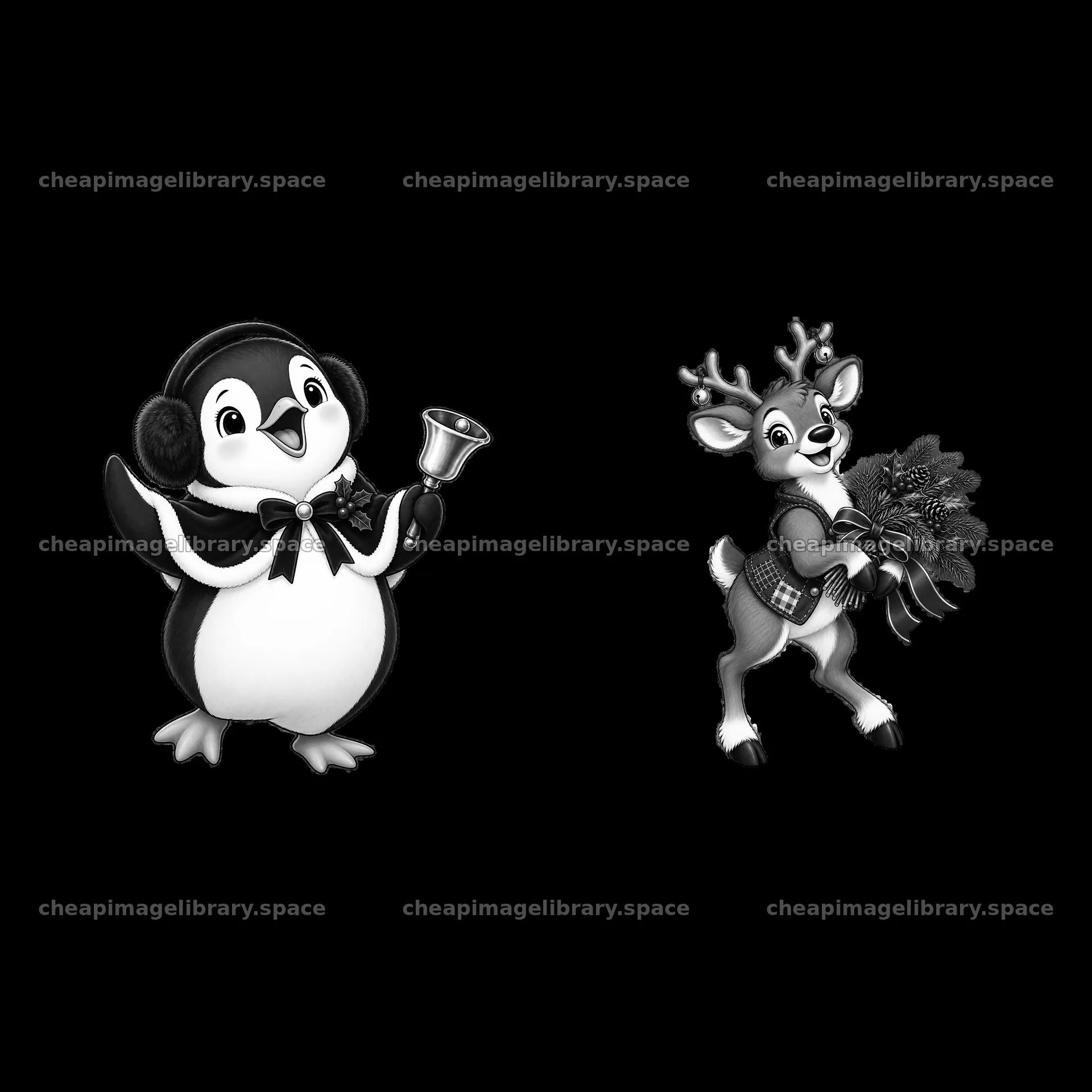 Penguin holding a bell and reindeer with a wreath for Christmas – image library 7746x7746
