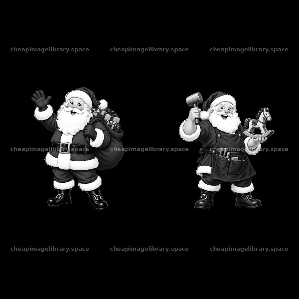 Santa Claus with gifts and woodworking action in black and white – image library 7746x7746